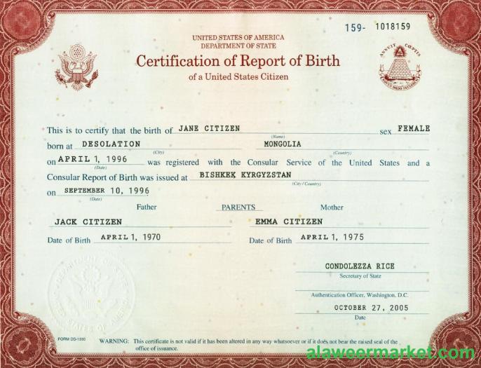 USA certification of report of birth washington 1